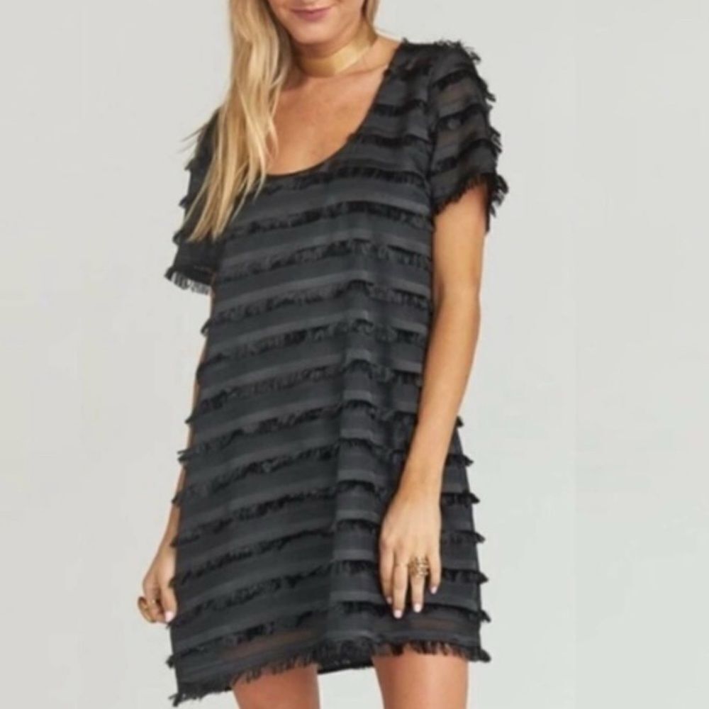 Show Me Your Mumu Demi Fuzzy Fringe Mini Short Sleeve Black Dress Sz M Boho, - Picture 1 of 10